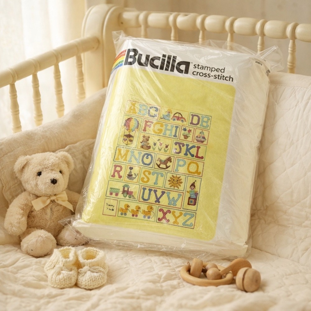 New 80's Bucilla Baby Blanket Embroidery Kit Yellow, Teddybear 30" x 40"
